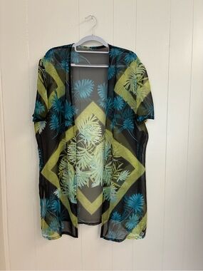 Joseph Ribkoff Kimono Sheer Tropical Print Kimono Cardigan - Black, Teal & Green
